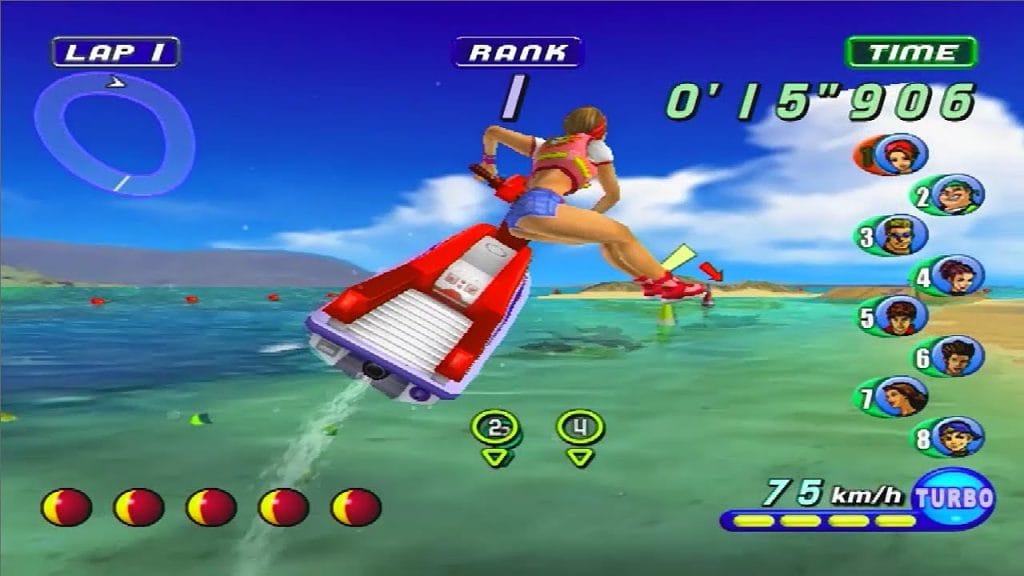 Wave Race: Blue Storm - a jetskier does a trick mid-air over beautiful blue water