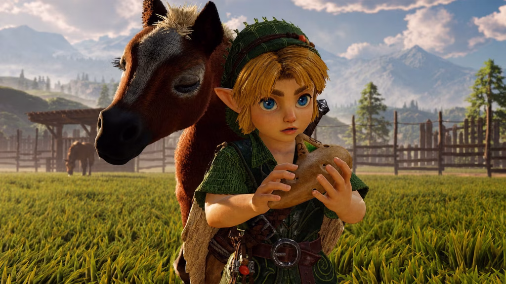 The Legend of Zelda: Ocarina of Time (2026) - Child Link holding an ocarina while the small horse Epona is next to him