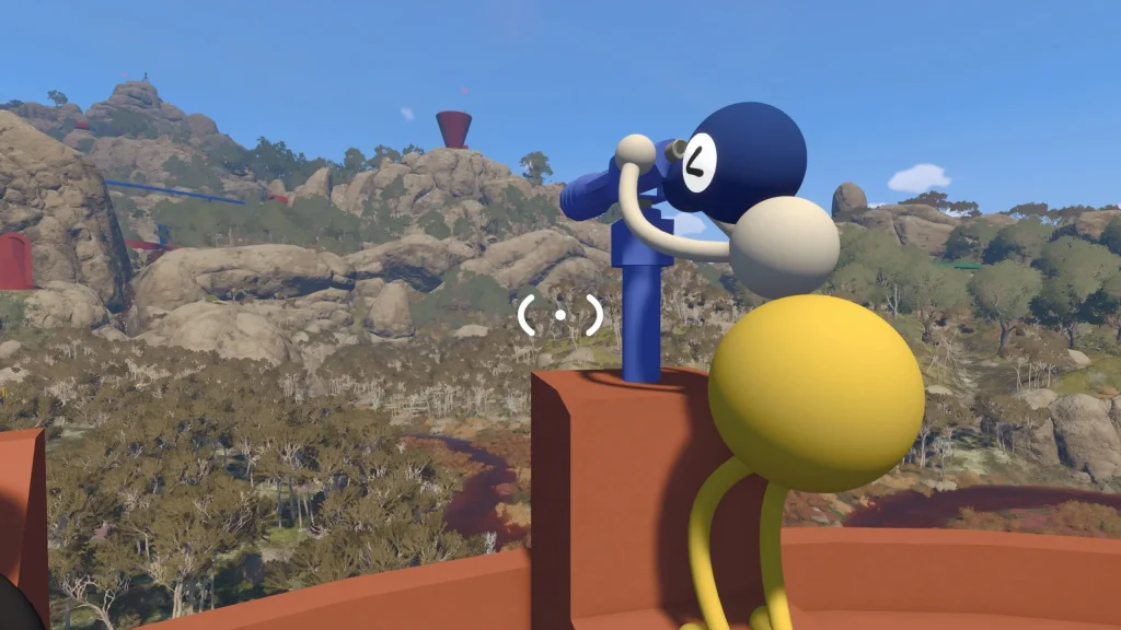 Big Walk - first person view looking at a player who is looking through a telescope overlooking a rocky, tree-laden area