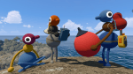 Big Walk - three players holding different objects while standing on a rock next to the sea