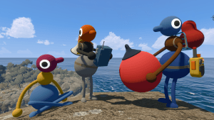 Big Walk - three players holding different objects while standing on a rock next to the sea