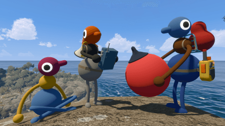 A Big Walk With Trust Big Walk - three players holding different objects while standing on a rock next to the sea