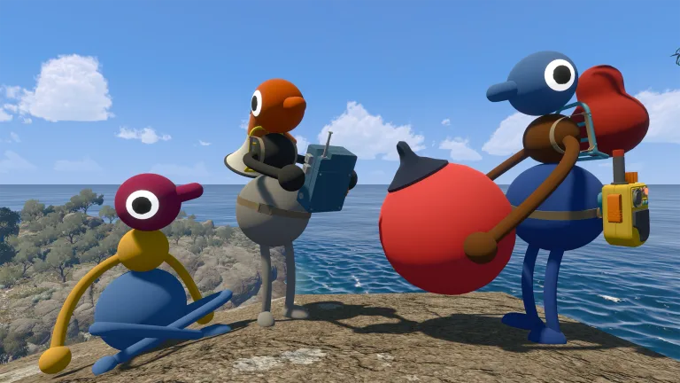 Big Walk - three players holding different objects while standing on a rock next to the sea