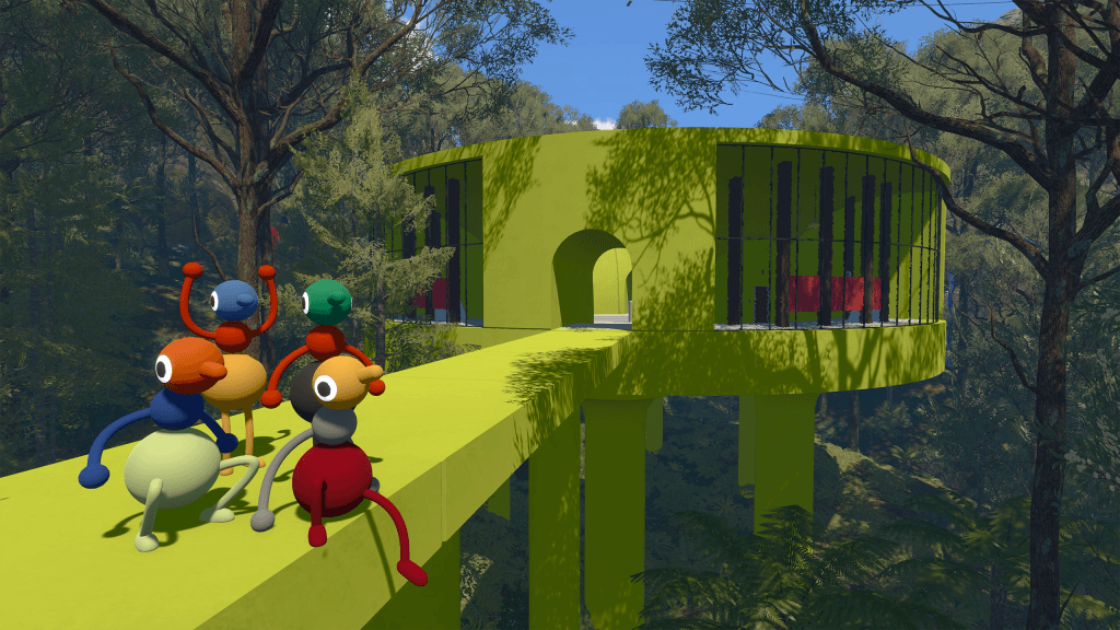 Big Walk - several players sitting or standing on a ledge that connects to a round, yellow building