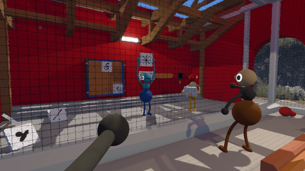 Big Walk - first-person view of gameplay where some players are holding tablets with symbols on them and trying to communicate the symbols to other players on the other side of a glass pane