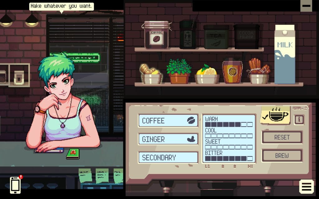 A screenshot of Coffee Talk and a green-haired woman saying, "Make whatever you like!" in a coffee shop. The player is making a coffee ginger latte. 
