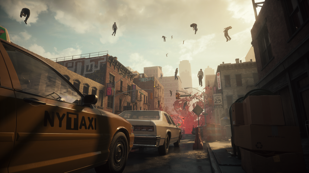 Control Resonant: A promotional image of a NYC taxi with bodies floating in the air. 