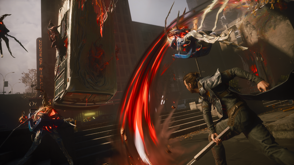 Control Resonant: A promotional screenshot showing Dylan Faden using a scythe to fight enemies in an inter-dimensional Manhattan. 