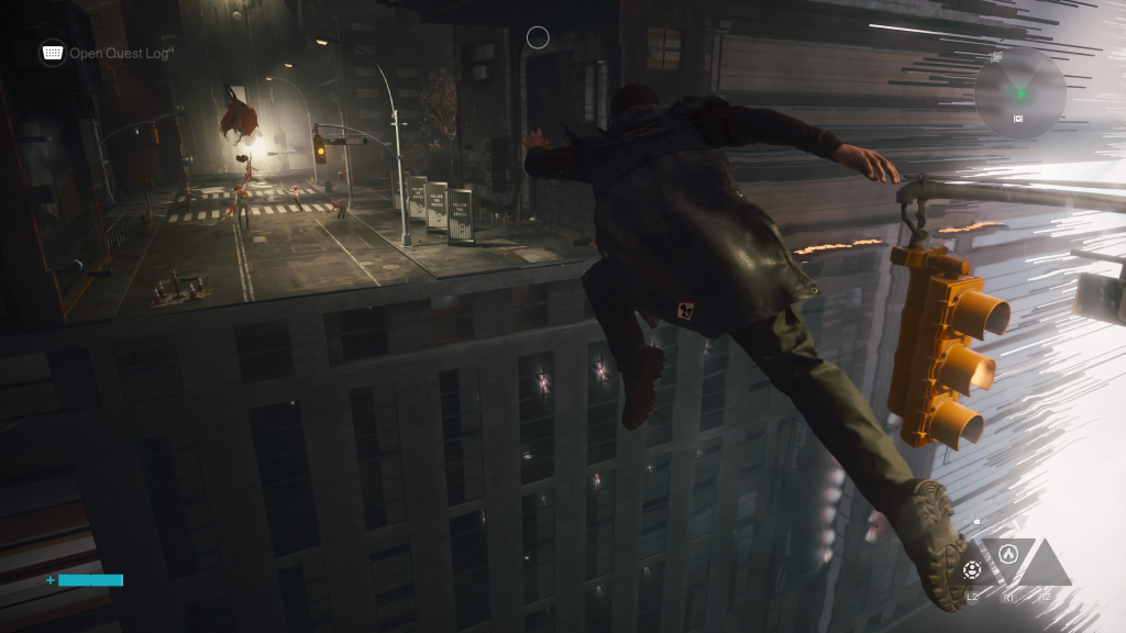 Control Resonant: A screenshot of Dylan Faden traversing through the air over traffic lights and buildings in New York City. 