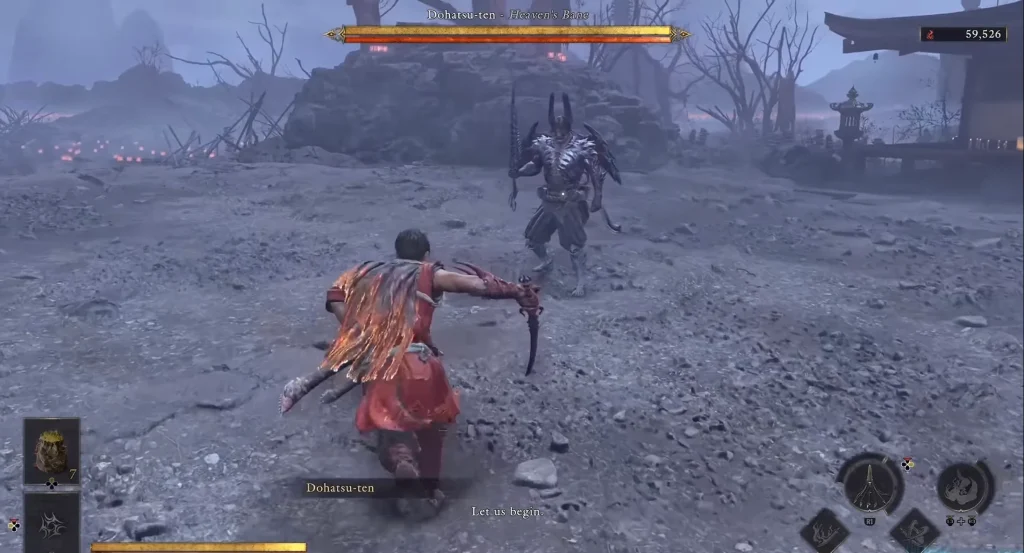 Onimusha: Way of the Sword - All Bosses Ranked List - A screenshot of combat with Dohatsu-ten who says, "Let us begin." 