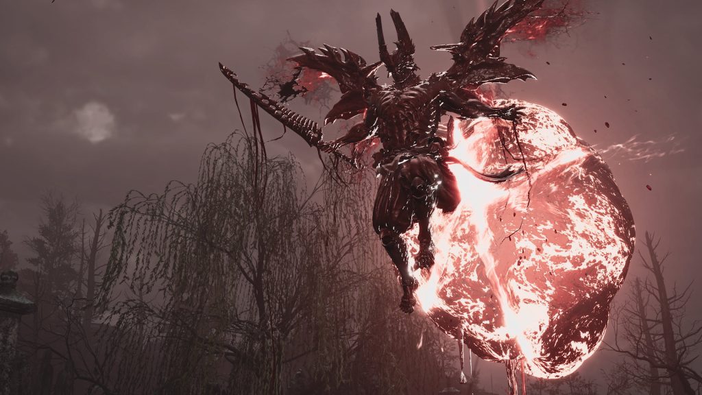 Onimusha: Way of the Sword - All Bosses Ranked List - A screenshot of Dohatsu-ten, a demon with a large red axe, emerging from a red portal. 