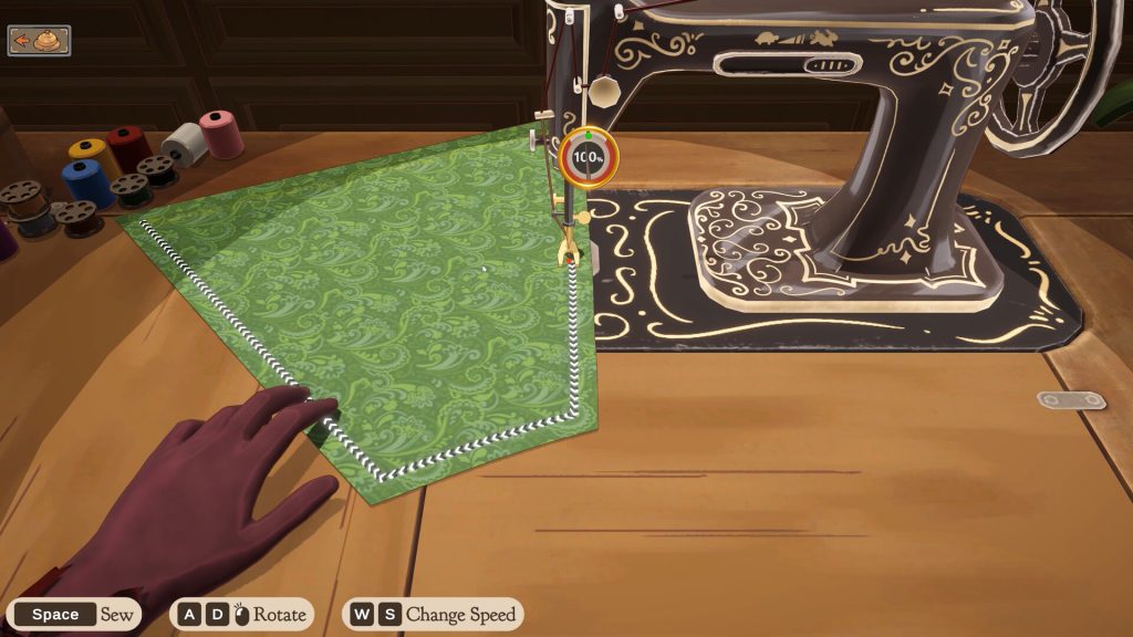 Dressmaker screenshot: Sewing edges of a green fabric. Featured in a Dressmaker Review at The Punished Backlog.