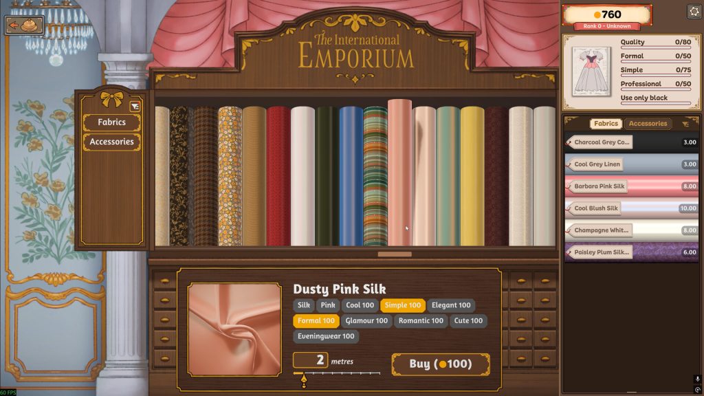 Dressmaker Screenshot: Picking out fabrics in a fashion designing video game. Featured in a Dressmaker Review at The Punished Backlog.