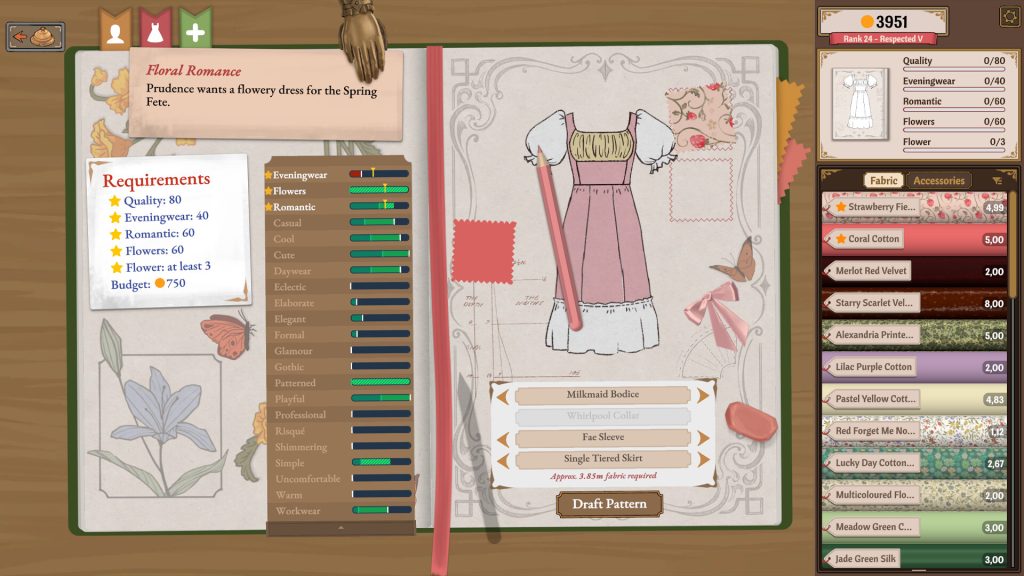 Dressmaker Screenshot: Designing a dress in the journal. Featured in a Dressmaker Review at The Punished Backlog.