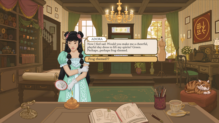 Dressmaker Screenshot: A customer approaches the dressmaker in a shop with a request for a green dress. Featured in a Dressmaker Review at The Punished Backlog.