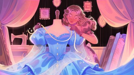 Dressmaker Review: Sewing Seams and Spilling Tea Dressmaker Key Art: A woman measures a dress on a mannequin. Featured in a Dressmaker Review at The Punished Backlog.
