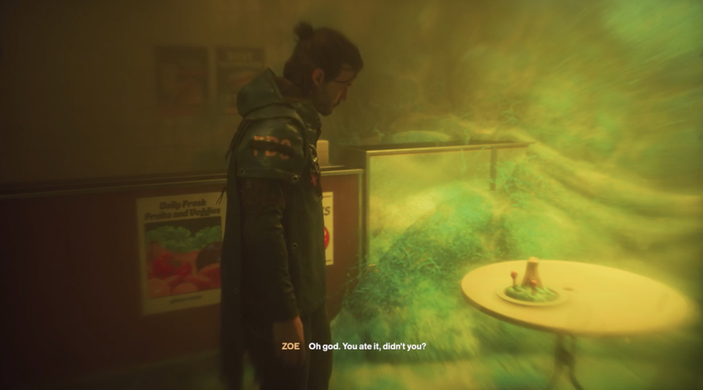 Control Resonant: A screenshot of Dylan Faden eating a magic mushroom and Zoe saying, "Oh god. You ate it, didn't you?"