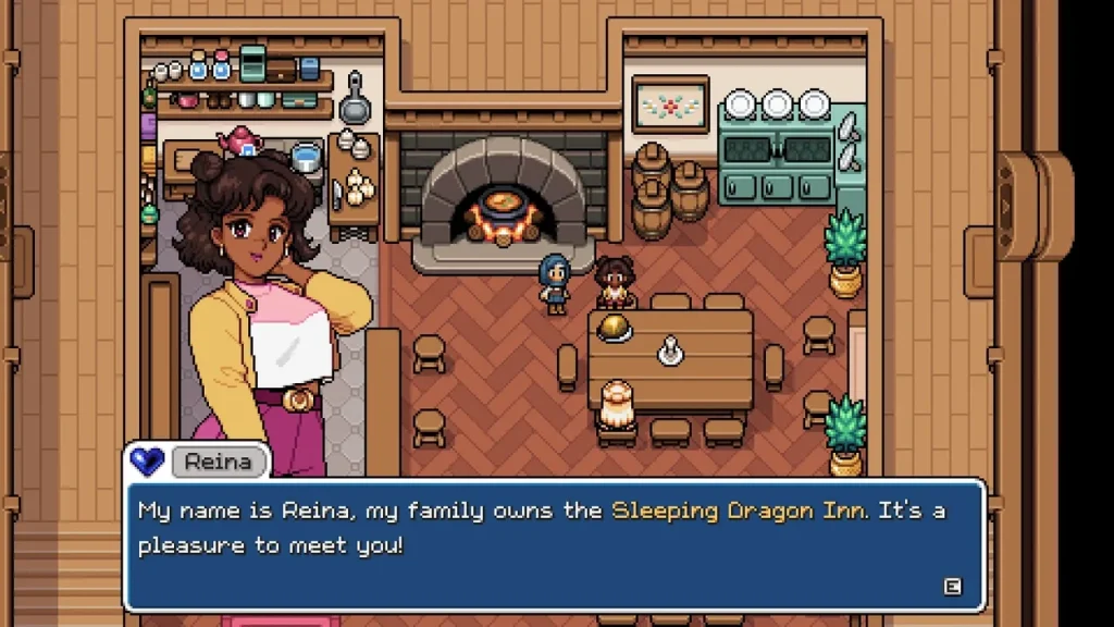Screenshot of Fields of Mistria showing Reina, a young woman of color, introducing herself and saying, "My family owns the Sleeping Dragon Inn." 