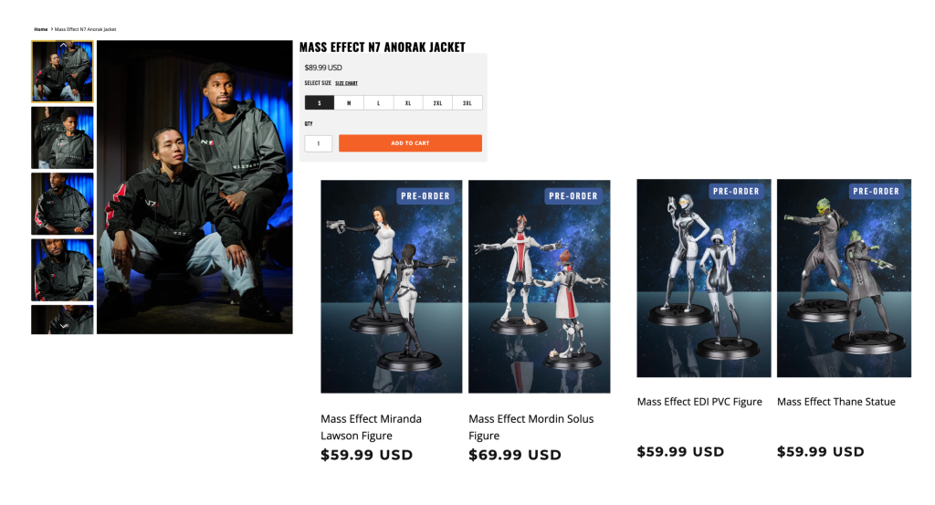 Screenshot of BioWare gear website in the days after the company's shut-down, showing an expensive N7 Anorak jacket with Japanese characters on it and pre-orders for Mass Effect figurine collectibles.