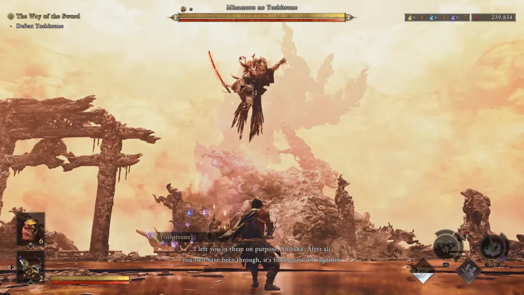 Onimusha: Way of the Sword - All Bosses Ranked List - A screenshot of Minamoto no Yoshitsune in his transformed form while fighting. He says, "I left you in there on purpose, Shizuka. After all you two have been through, it's fitting you die together." 