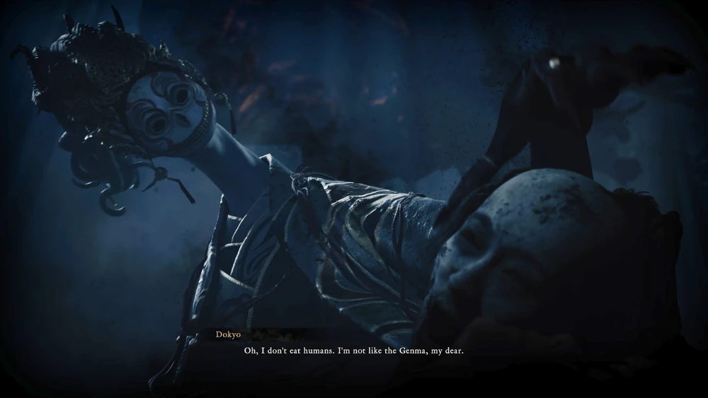 Onimusha: Way of the Sword - All Bosses Ranked List - A screenshot of Dokyo, a demon with a mask, who says, "Oh, I don't eat humans. I'm not like the Genma, my dear." Tips for fighting Dokyo. 