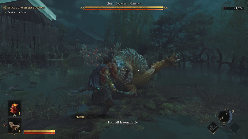 Onimusha: Way of the Sword - All Bosses Ranked List - A screenshot of fighting Nue, a chimera, in a dark swamp. Tips for fighting the Nue. 