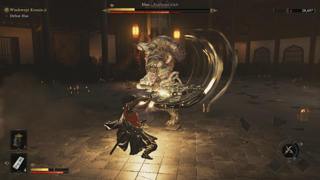 Onimusha: Way of the Sword - All Bosses Ranked List - A screenshot of fighting Ifuu, the Fearsome Gale.  Tips for fighting Ifuu.
