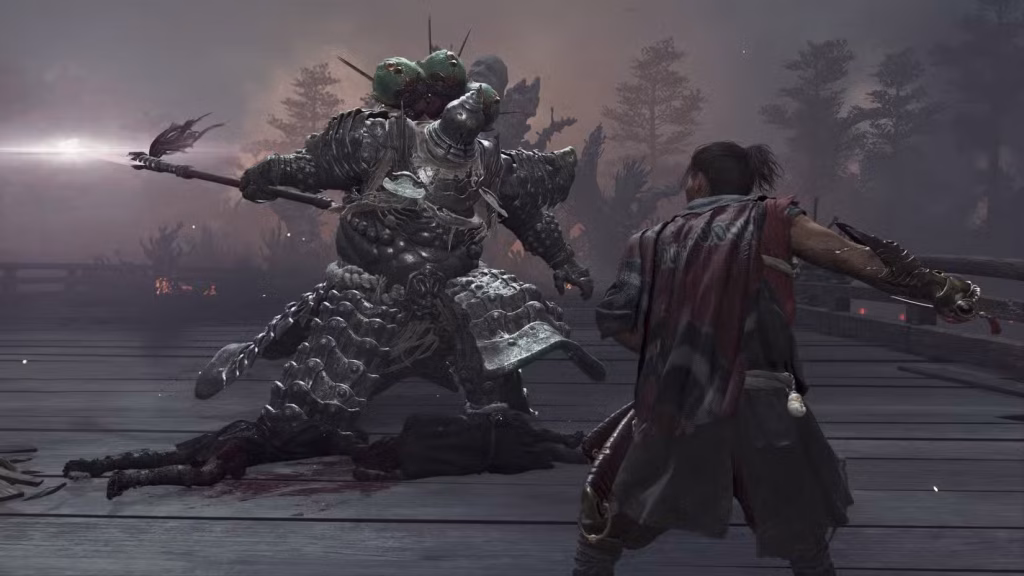 Onimusha: Way of the Sword - All Bosses Ranked List - A screenshot of fighting Benkei, a large demon with armor, as he stands above two bodies.