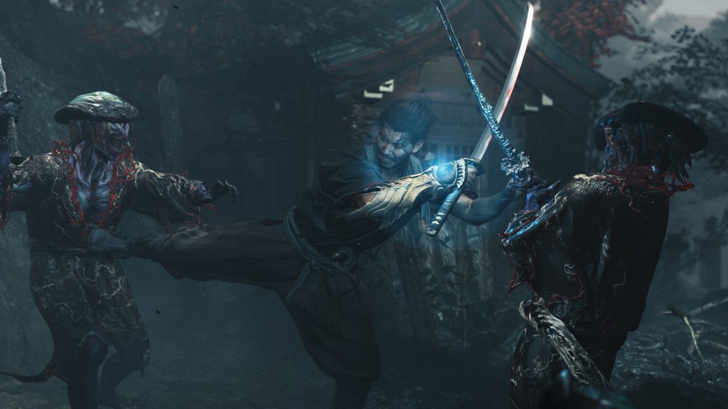 A screenshot of Onimusha: Way of the Sword of Musashi fighting two enemies at once. Featured in a list of Onimusha Way of the Sword: All Boss Battles Ranked, and tips included for fighting bosses. 