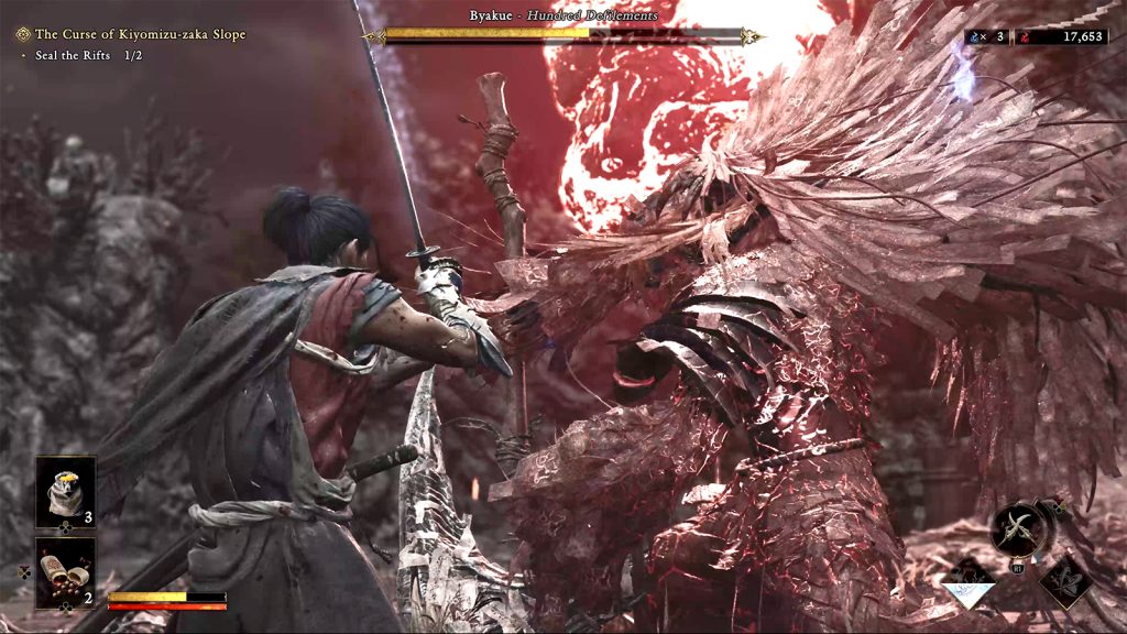 Onimusha: Way of the Sword - All Bosses Ranked List - A screenshot of fighting Byakue, Hundred Defilements, with a large red axe.  Tips for fighting Byakue.