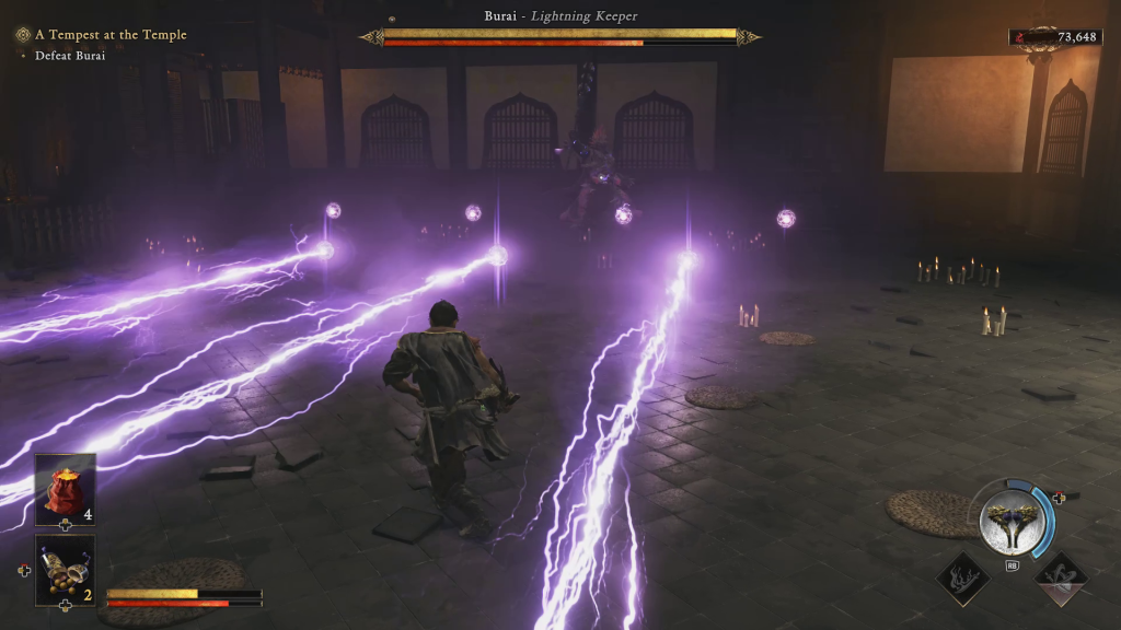 Onimusha: Way of the Sword - All Bosses Ranked List - A screenshot of fighting Burai, the Lightning Keeper, in a dark room. Tips for fighting Burai.