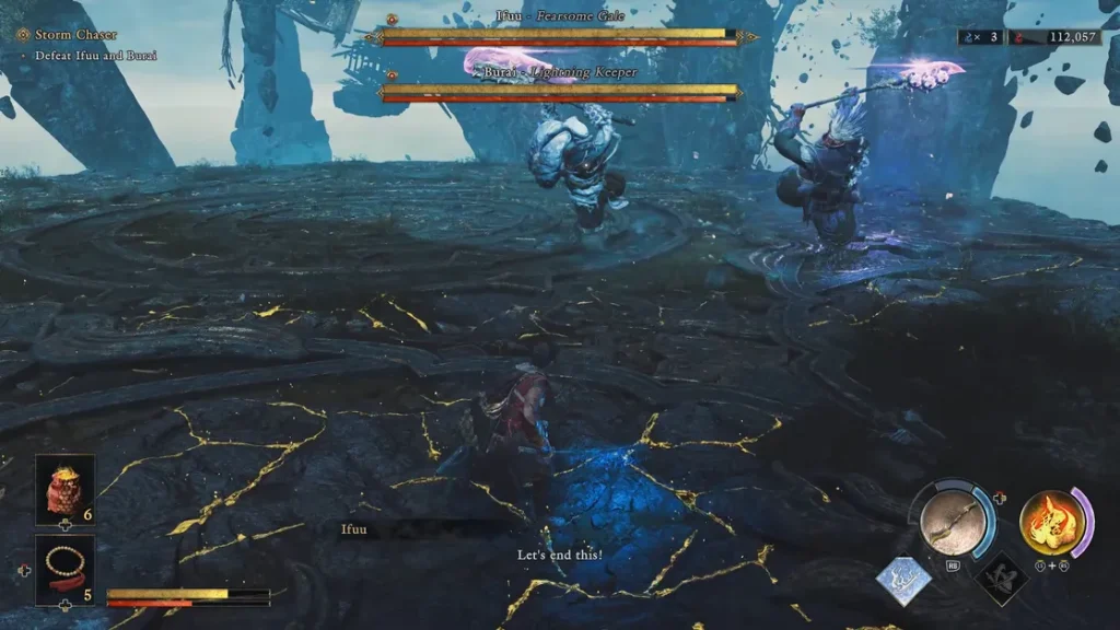 Onimusha: Way of the Sword - All Bosses Ranked List - A screenshot of fighting the Stormchaser Duo, Ifuu and Burai in the rematch, on the battle field. Ifuu shouts, "Let's end this!" 