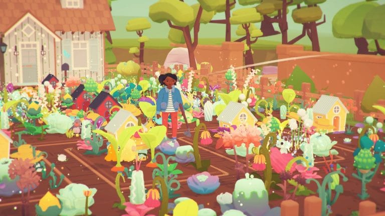 Why Cozy Games Feel So Good A screenshot of Ooblets, a cozy farm simulator game where players raise talking vegetables. A young woman of color stands in a vibrant neon farm field.