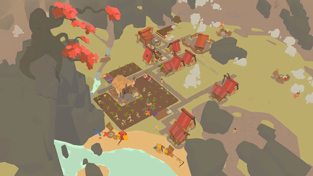 A screenshot of Outlanders, a civilization management game with small house and farms. 