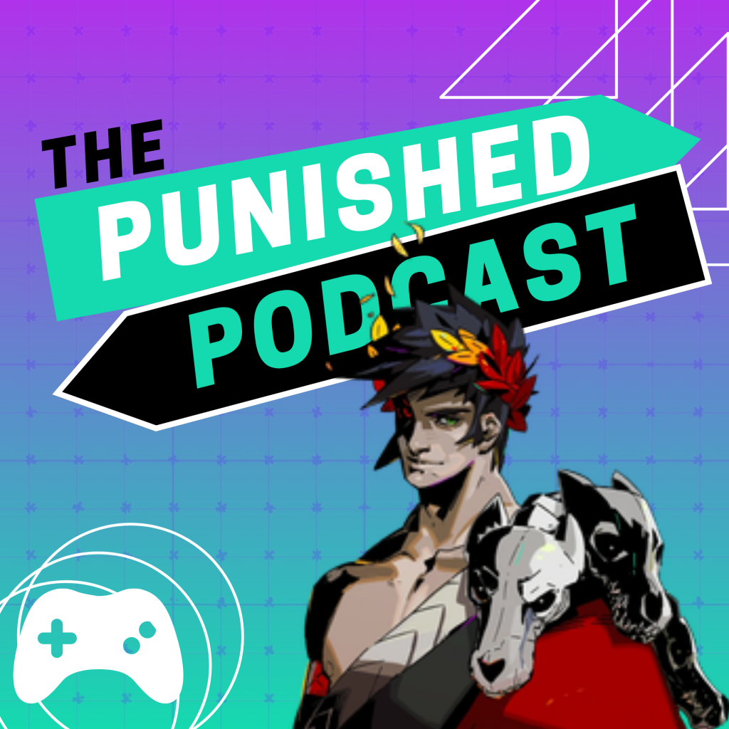 A square graphic showing the logo of The Punished Podcast in teal and white and black, with icons of a video game controller and a podcast mic in the corner. There is also an image of Zagreus from Hades - this is for Episode 32, discussing video game as comfort food. 