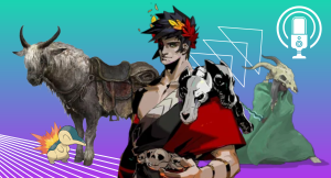 A graphic for The Punished Backlog's Punished Podcast episode about Video Games as Comfort Food. There is Zagreus from Hades, Torrent from Elden Ring, Cyndaquil from the Pokemon games, and the Silent from Slay the Spire. There is a teal and purple background gradient. There are also white graphic shapes as accents along with a microphone.