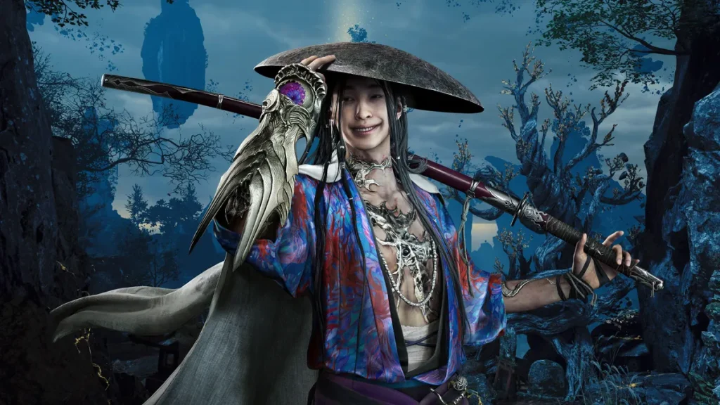 Onimusha: Way of the Sword - All Bosses Ranked List - A screenshot Sasaki Ganryu smiling in a dark forest. Tips for fighting Sasaki Ganryu.