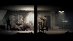 Silver Pines review - 2D screenshot of protagonist Red Walker aiming and shooting a shotgun through a door as a shadowy figure moves out of the light on the left