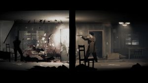 Silver Pines review - 2D screenshot of protagonist Red Walker aiming and shooting a shotgun through a door as a shadowy figure moves out of the light on the left