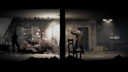 Silver Pines review - 2D screenshot of protagonist Red Walker aiming and shooting a shotgun through a door as a shadowy figure moves out of the light on the left