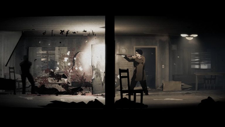 Silver Pines review - 2D screenshot of protagonist Red Walker aiming and shooting a shotgun through a door as a shadowy figure moves out of the light on the left