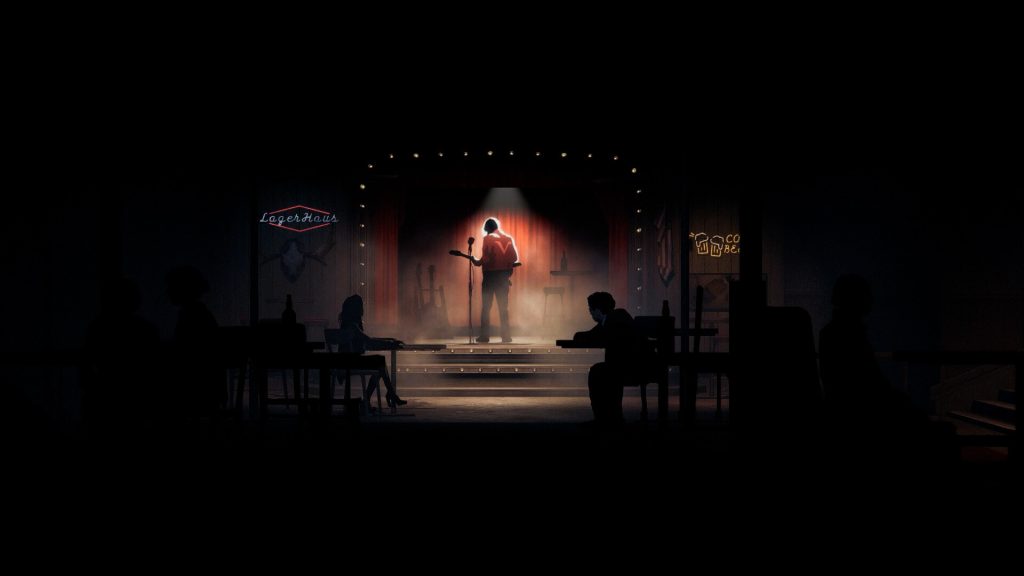 Silver Pines review - screenshot of a red-tinted music lounge; a musician in a leather jacket is strumming a guitar, his back to the microphone and to the audience