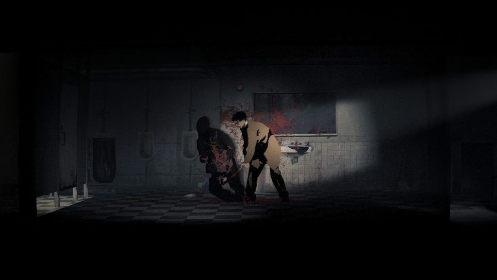 Silver Pines review - 2D screenshot of protagonist Red Walker smacking a shadowy figure with a crowbar in a bloodied bathroom