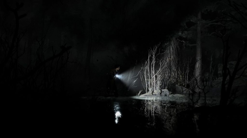 Silver Pines review - 2D screenshot of protagonist Red Walker walking to the right in a dark forest; his flashlight is the only thing illuminating the path before him