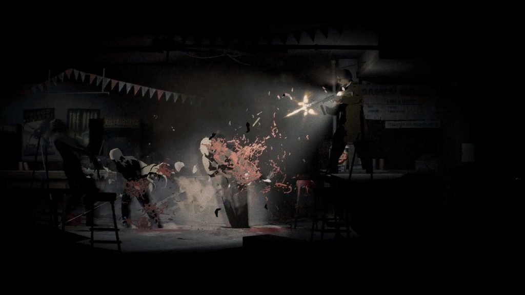 Silver Pines review - 2D screenshot of protagonist Red Walker firing an assault rifle into a hoard of shadowy figures