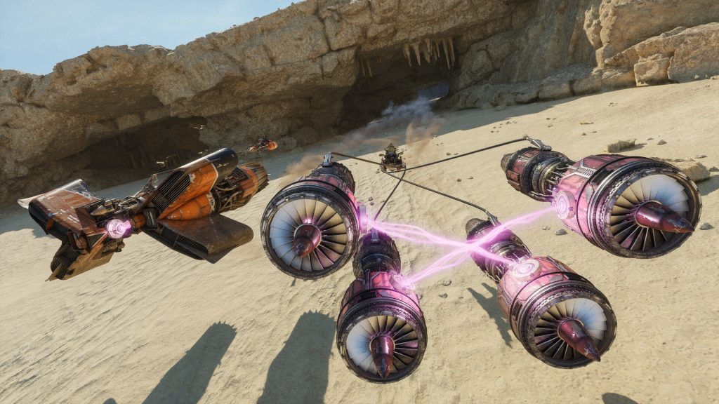 Star Wars: Galactic Racer review - screenshot of two podracers (one orange, the other purple) racing neck-and-neck