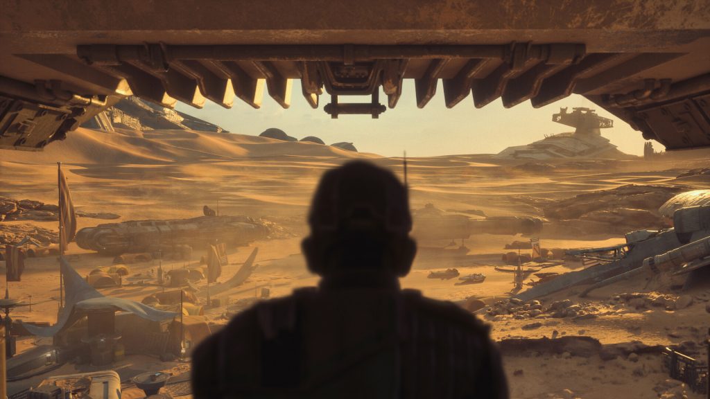 Star Wars: Galactic Racer review - screenshot of a human looking out at a desert planet, a fallen Star Destroyer in the distant background