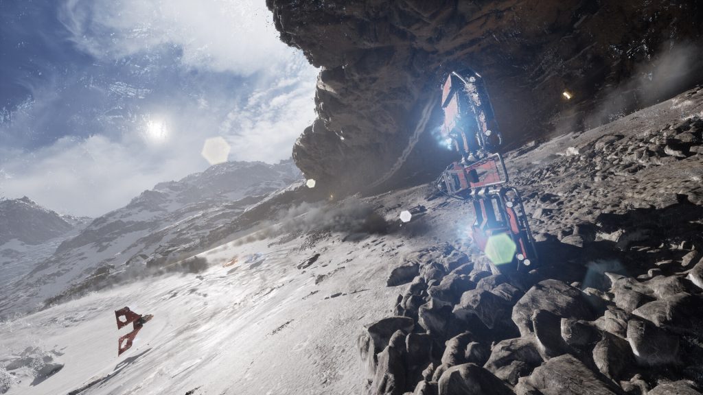 Star Wars: Galactic Racer review - screenshot of a podracer marking a sharp corner, nearly vertically, on a snow planet
