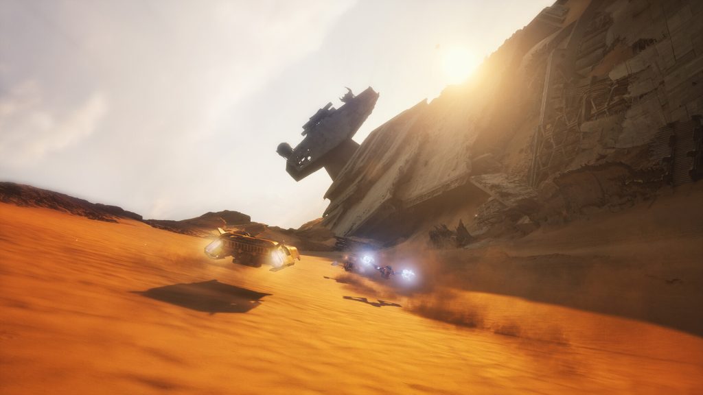 Star Wars: Galactic Racer review - screenshot of two competitors racing neck-in-neck next to a fallen Star Destroyer