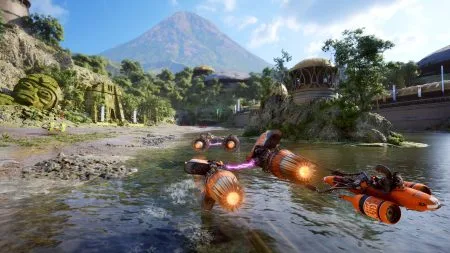 Star Wars: Galactic Racer Review Star Wars: Galactic Racer review - screenshot of podracers gliding over water on a lush, forest planet with a mountain in the far distance